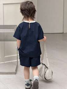 DAZY 两件套男童V领字母刺绣短袖T恤和短裤休闲日常套装 - 藏蓝色 - 查看 6