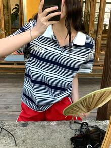 DAZY Women's Polo Collar Striped Short Sleeve T-Shirt, Loose Fit Top Summer - Black and White - View 9