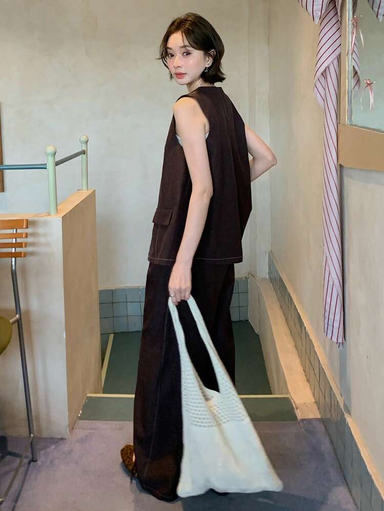 Women's Solid Color Round Neck Single-Breasted Top And Wide-Leg Pants Casual Two Pieces Set