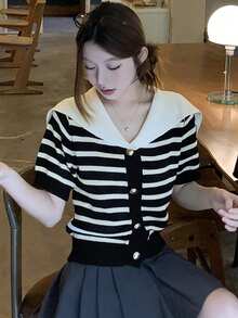 DAZY Women's Elegant Contrast Stripe Collared Knit Top, Summer - Black - View 9