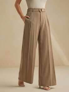 Anewsta 女士优雅精致卡其色阔腿裤，配有腰带和褶裥裤腿设计 - 杏色 - 查看 3