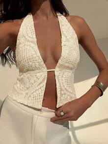 Aloruh Áo nữ gợi cảm hở lưng, buộc dây phía trước, thêu họa tiết, thích hợp cho kỳ nghỉ hè đi biển. - trắng - Xem 5