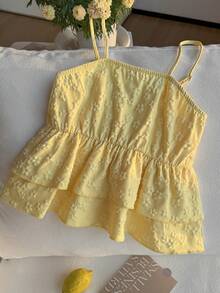 Tween Girls Casual French Loose Vacation Camisole Top, Special Textured Yellow Floral 3D Pattern Double Ruffle Hem Versatile Fresh Spring/Summer Blouse - Yellow - View 5