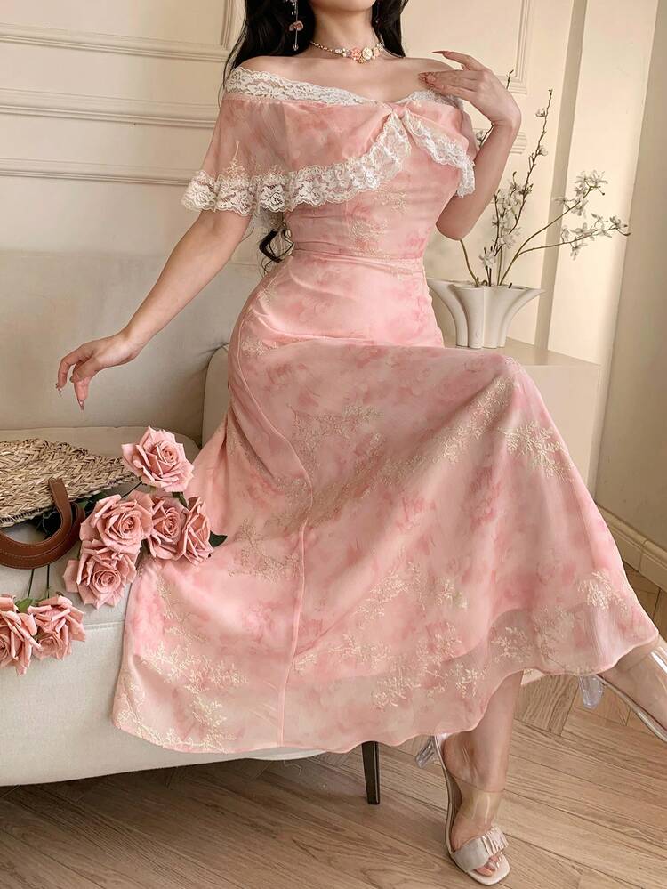 Elegant Romantic Off Shoulder Ditsy Floral Dress, High-End Feel Summer Sundress