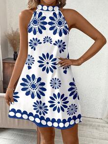 SHEIN Clasi Đầm ngắn cổ yếm in hoa dành cho nữ, kiểu dáng đi nghỉ mát. - Xanh và trắng - Xem 4