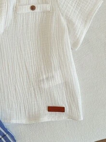 SHEIN 两件套男童夏季休闲度假可爱白色翻领短袖衬衫和条纹松紧腰短裤套装 - 彩色 - 查看 7