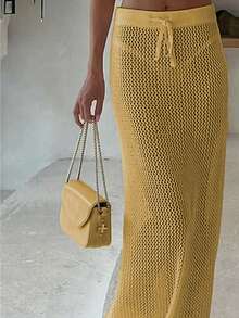 INAWLY Falda de punto casual y versátil con cintura ajustable y diseño calado - amarillo ganso - Ver 4