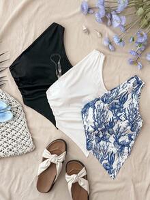 SHEIN 3pcs Tween Girls' Summer Fitted Casual Minimalist Comfortable Asymmetric Hem Camisole Set - Multicolor - View 1