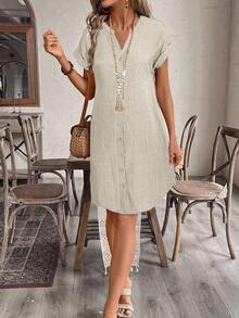 EMERY ROSE 女士V领纽扣短款连衣裙，适合春夏穿着 - 卡其色 - 查看 4