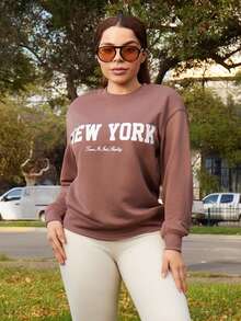 Lupita Cardoza Women's Autumn Winter Letter Print Dropped Shoulder Crew Neck Loose Casual Sweatshirt,Long Sleeve Tops - Redwood - View 5