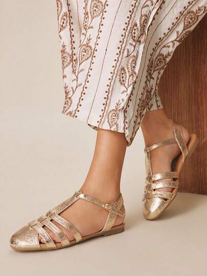 Styleloop Platte sandalen voor dames met holle neus, T-bandje, enkelbandje, holle platte schoenen, comfortabel, geweven sandalen met meerdere bandjes, geschikt voor buiten/vakantie, antislip platte sandalen, open neus, netstructuur, ademende holle platte sandalen voor dames, onmisbaar in de zomer