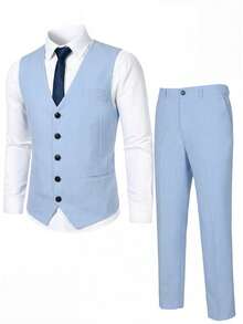 Manfinity Bizformal Men's Suit Set, Allover Print Lapel Long Sleeve Top And Stylish Business Long Pants Men Wedding Outfit Men Suits Groom Royal Blue And White Suit Baby Blue Men Outfit Men Dress Wear,Weekend Trips, Outdoor Activities, Travel Expeditions, Relaxed Work Environments Or Semi-Formal Occasions, Boyfriend/Husband Gift, Anniversary /Birthday Gift Party Summer Vacation Holiday New Years Wedding Valentine's Day,Blue Vest, Suit Pants, Men's Suit Set, Groom / Best Man Clothing - Baby Blue - View 5