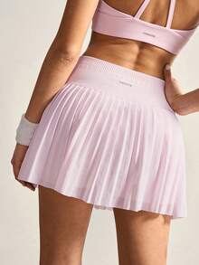 VARSIVA Solid Color Mesh Patchwork Pleated Fashion Sports Mini Skirt - Pink - View 9