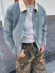 DAZY Áo khoác denim xanh phối màu cổ bẻ dành cho nam, thích hợp cho mùa xuân và mùa thu. - Màu xanh lam - Xem 4
