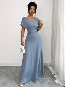 Rafferiza 女士新款优雅浪漫浅蓝色针织披肩连衣裙 - 可调节腰带，收腰飘逸长款连衣裙 - 灰藍色 - 查看 6