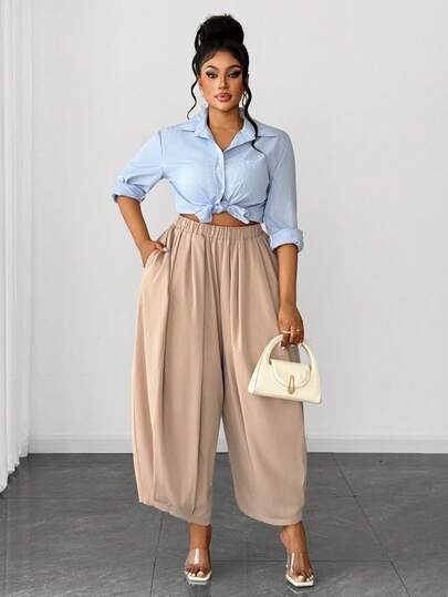 Maweii 大码女式纯色褶裥口袋休闲百搭阔腿裤，适合日常穿着