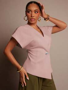 Vixey Solid Textured Woven Asymmetrical Hem Single Button Waistcoat Top - Baby Pink - View 2