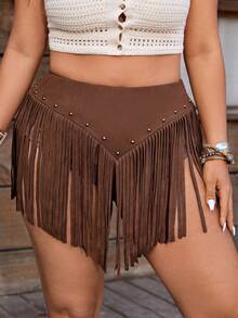 Nubod Plus Size Women Minimalist Fashion Knitted Suede Fringe Beaded Decor Brown Shorts - Brown - View 3