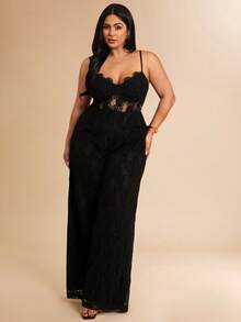 SHEIN BAE 大码女士优雅度假风拼接透视蕾丝宽松阔腿连体裤，夏季 - 黑色 - 查看 7