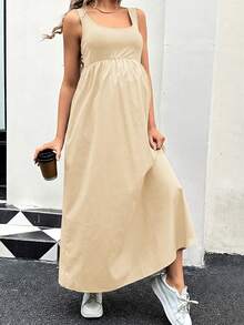 SHEIN Maternity Solid Color Square Neck Pocketed Casual Sleeveless Dress - Apricot - View 3
