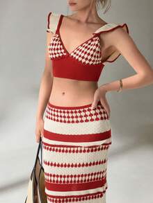 SHEIN Cottnline Women Top And Skirt Openwork Sweater Cover Up Set - Red - View 6