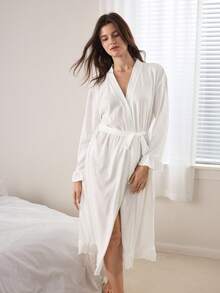 Ocili 100% Cotton Comfortable Elastic Jacquard Knit Striped Textured Waffle Robe With Tie Belt, Women Loungewear - White - View 1