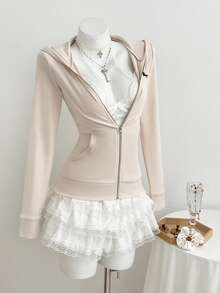 Elamini Women's Hooded Zip-Up Embroidered Fitted Long Sleeve Jacket - Baby Pink - View 4