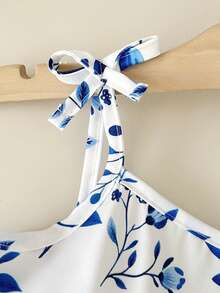 Playful Pals Genkimix 女童印花优雅时尚舒适蝴蝶结装饰吊带中长连衣裙 - 藍色 - 查看 5