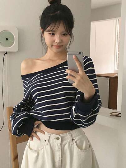 DAZY 女士宽松不对称肩条纹长袖卫衣