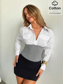 Siren Gaze Women's White Collared Long Sleeve Blouse,Black And White Striped Corset Waist Design Chic Top For Autumn Brunch, Comfortable Holiday Top Elegant - Multicolor - View 1