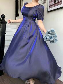 DAZY 女士优雅纯色泡泡袖中长连衣裙，夏季婚礼宾客礼服 - 紫色 - 查看 4