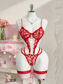 PetitDoll 3件套可爱爱心刺绣撞色蝴蝶结性感连体衣 - 紅色 - 查看 6