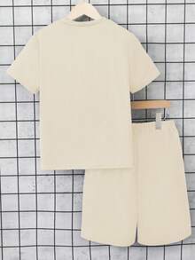 SHEIN Mirajuku Tween Boy Basic Solid Color Deconstructed Short Sleeve T-Shirt And Shorts Set, Suitable For Casual And Sports Wear - Apricot - View 2