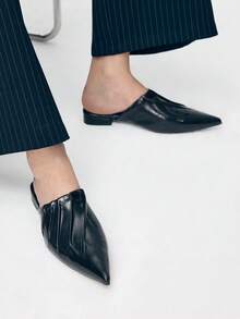 Mnmlis Giày mule mũi nhọn màu đen, giày mule hở gót bằng da bóng, đế dày. - màu đen - Xem 4