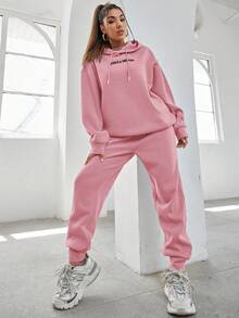 RueChic Cotton Slogan Graphic Drop Shoulder Drawstring Hoodie & Sweatpants - Baby Pink - View 3