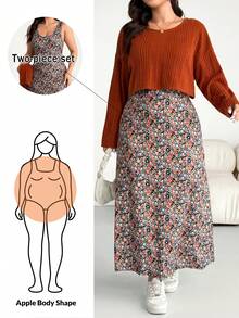 SHEIN Essnce Plus-Size Women's Autumn/Winter Fashion Casual Loose Comfortable Everyday Two Pieces Set: Orange-Brown Top And Floral Long Dress,Fall Outfits,Country Style - Brown - View 7