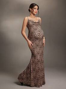 Cheriluna Maternity Leopard Print Sleeveless Dress With Fish Tail Hem, Maternity Photoshoot - Multicolor - View 4