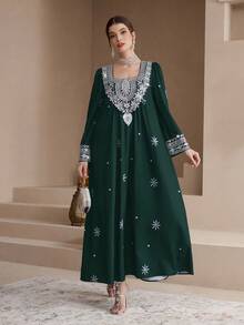 Al Najma 女士印花褶皱休闲派对连衣裙 - 墨綠色 - 查看 3