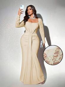 Viva Relle 大码女士纯色方领灯笼袖连衣裙，浪漫百搭，适合婚礼宾客、毕业典礼、舞会、节日、生日、教堂礼拜、夜间外出、派对等场合。 - 杏色 - 查看 6