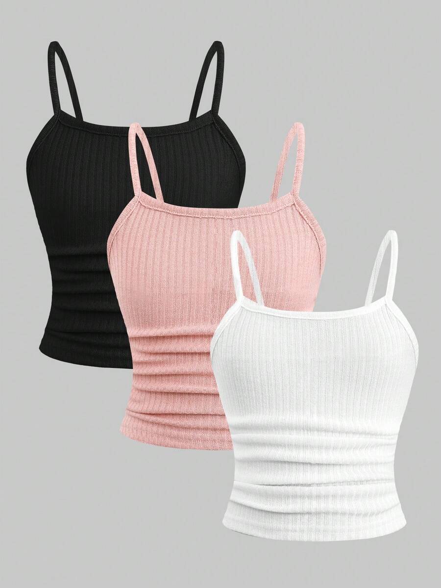 SHEIN Bộ đồ 3 món cho bé gái tuổi teen, kiểu dáng thường ngày, đơn giản, màu trơn, có gân, xếp ly, ôm sát. - Nhiều màu - Xem 1