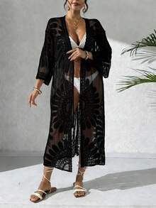 Swim Vcay Kimono Longo Transparente com Bordado Floral Feminino, Estilo Resort de Praia, Primavera/Verão - Preto - Visão 5