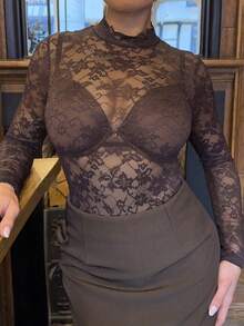 Bethéva Women's Floral Lace Stand Collar Long Sleeve Sexy Bodysuit - Coffee Brown - View 3