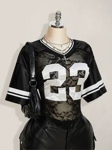 SHEIN ICON 大码女式蕾丝拼接数字图案短款宽松T恤 - 黑色 - 查看 8