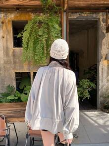 DAZY Women's Collar Hollow Out Floral Ruffle Trim Lightweight Jacket - Apricot - View 2