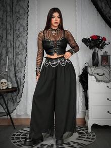Whyspr Plus Size Chiffon Comfortable Wide Leg Culottes, Suitable For Spring/Summer, Vacation And Daily Wear - Black - View 5