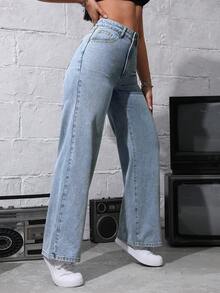 SHEIN ICON Front Button Multi-Pocket Casual Loose Jeans, Daily Wear - Light Wash - View 4