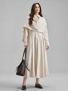 Ontre Đầm sơ mi dài tay thanh lịch màu trơn dành cho nữ, thiết kế bất đối xứng. - Màu be - Xem 8