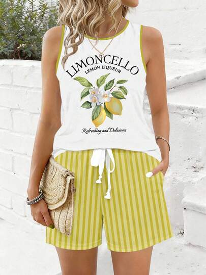 两件套女士复古休闲花卉柠檬印花彩色条纹背心和裤子套装，舒适适合春夏度假