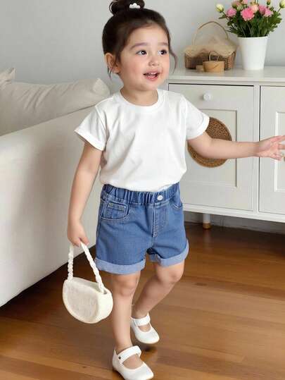 Babyflickor Casual Bekväma Söta Vardagskläder Resår i Midjan Lösa Raka Ben Med Manschetter Jeansshorts