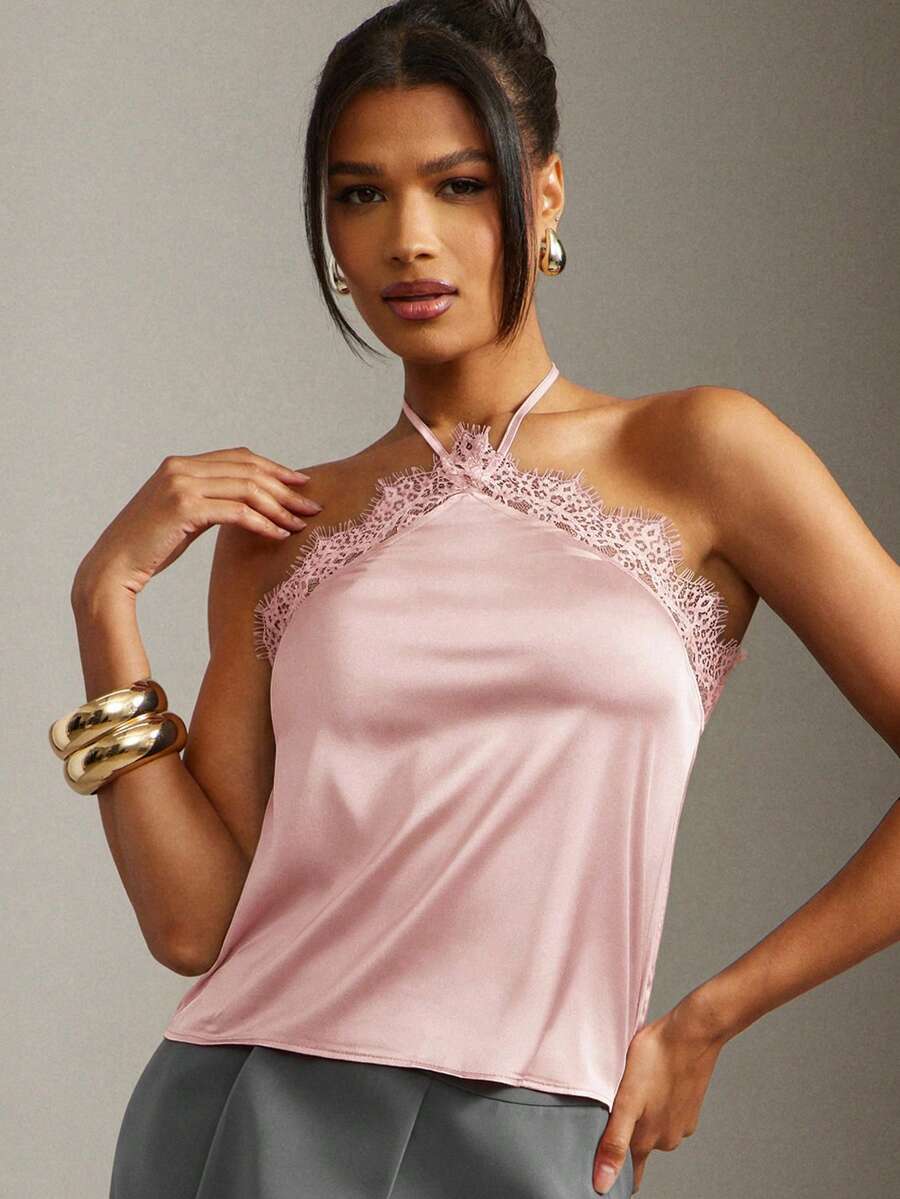 Hauture Sexy Summer Office Lace Datail Halter Cami Top - Pink - View 1